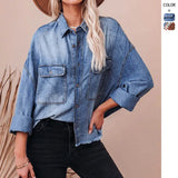 Shoulder-To-Shoulder Long-Sleeved Water Wash Old Collar Vintage Denim Shirt For