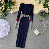 Women Autumn Winter Sweater Dress Fashion Patchwork V Neck Slim Elastic Dress Warm Bodycon Pullovers Knitting