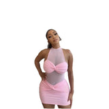 Summer Women's Screen Splicing Sexy Hanging Neck Sleeveless Lace Tight-Up Hip Dress