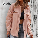 Simplee Office Lady Lapel Sheepskin Coat Jackets Winter Long Sleeve Outwear Coats Women Casual Fashion Ladies Winter