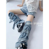 Hottie Fried Street Wash Denim Leg Set Design Strap Pile Trousers Calves Denim Shorts