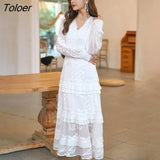 French White Dress Cotton Embroidered V-neck Elegant Ladies Dress Ruffle Hem Chic Autumn Dress Retro Luxury Brand