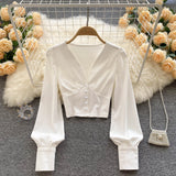New Spring Shirts Women Elegant Vintage Solid Long Sleeves Slim Tops Fashion Button Sexy Streetwear Short
