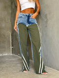 Hooded Spliced Jeans Women's Autumn New Mid-Rise Trousers Against The Feeling Of Bumping Striped