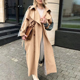 Simplee Casual lapel women trench coat Double breasted stitching plaid female long trenches High street style ladies