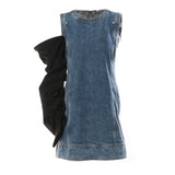 New Round-Neck Denim Collevetic Collider Pintap Crash Color Removable Heap Sleeve Dress