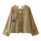 Toloer 2024 New Women's Fashion Casual Versatile Lace-Up Embroidered Long Sleeve Coat-Outfit