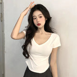 Toloer Desire Wind V Collar Short Sleeved T Shirt Female Summer 2024 New Slim Show Thin Hot Girl Short Irregular Bottom