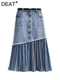 Women's Denim Skirt High Waist Patchwork Irregular Pleated Colored Stripes Long Skirts 2024 Summer New Fashion 29L6536-Outfit
