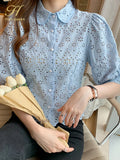Han Queen Summer Blusas Basic Office Lady Blusas Vintage Lace Tops Elegant Chiffon Blouse Women Loose Hollow Out Casual Shirts-Outfit