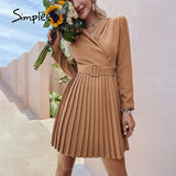 Simplee Elegant v-neck A-line pleated midi dress women green Office long sleeve belt blazer dresses Casual female vestidos