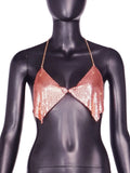 Toloer Women's Nightclub Low Breast Cut Back Flash Diamond Chain Slit Top