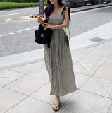 Toloer Chic Summer Niche Temperament Square Collar Dew Collarbone Color Stripe Waist Show Thin Halter Dress Dress-Outfit
