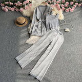 Toloer Suit Female Casual Temperament V Collar Waist Belt Knit Cardigan Jacket Three Piece Set High Waist Wide Leg