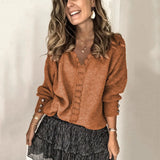 2025 New Lace V-Necked Jacket Sweater Lady Loose Long-Sleeved Solid-Colored