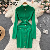 Women's Casual Turtleneck Long Sleeve Bodycon Hollow Out Buttons Mini Bandage Dress Elegant Party Street