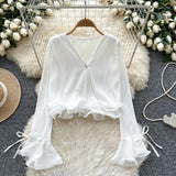 Shirt Women Spring And Autumn New Three-Dimensional Lotus Edge V Collar Folded Horns Short Top