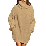 Toloer And Winter New Fashion Long Sleeve High Collar Pocket Long Dress Loose Sweater