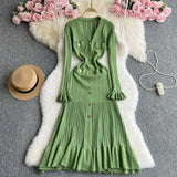 Toloer Fragrant Wind Dress Women's Autumn And Winter Versatile Advanced Sense V-Collar Metal Buckle Slim Show Thin Flounce Knit