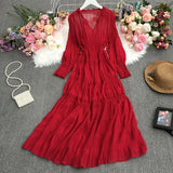 Holiday Dress Autumn Dress 2023 New Goddess Temperament V-Collar Rope-Drawn Waist Dress-Outfit
