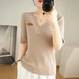 Toloer 2024 New Short Knit Women's Fashion Slim Short-Sleeve T-Shirt Thin Medium Sleeve Top-Outfit
