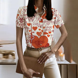 Lady Short Sleeve Print Shirt Top Casual Turn-down Collar Button Shirts For Women 2023 Spring Summer Slim Button Blouse-Outfit