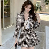 Fragrance Style Elegant Tweed 2 Piece Set Women Vintage Houndstooth Cropped Jacket + Pleated Mini Skirt Suits Sexy
