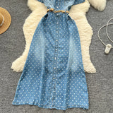 Familiar Style Niche Fashion Short-Sleeved Wave Dot Denim Dress Women's Waist Thin Temperament Elegant A-Word Shirt