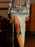 Vintage Casual Slim Split Denim Skirt Sexy Low-Waisted Maxi Skirts Women 2023 Autumn Spring Streetwear Holiday Ladies-Outfit