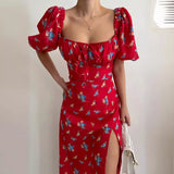Women's Clothing 2026 Summer Bubble Sleeves Slim Sexy Thin Side Open-Print Dress