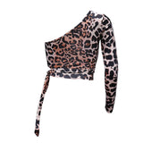 Toloer 156 Spot 2023 New Leopard Print Crop Sexy Lace Slim Inclined Shoulder T-Shirt Top Women-Outfit
