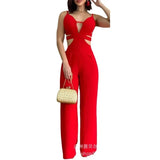 Piece Sets Women Sexy Sleeveless V Neck Hollow Out Splice Jumpsuits Sling Overalls Solid Wide Leg Long Pants Rompers 2023-Outfit