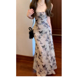 Chinese Ink Butterfly Print Sling Dress Summer Women's Holiday Style Body Bagg Hip Dress Chiffon