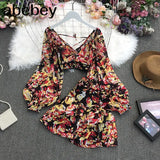 New Summer Fashion All-match V-neck Lantern Sleeve short Shirt + high waist slim floral Skirt 2-piece