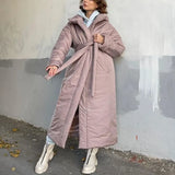 Winter Solid Hooded Parkas Women Fashion Tie Belt Collected Waisted Coats Women Elegant Long Cotton Jackets Female