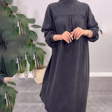 Round-Neck Solid-Colored Casual Long-Sleeved Denim Dress In Fall