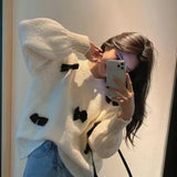 Sweet Sweater Pullover Women Autumn Winter Loose Bow Outwear Knitted Tops O Neck Warm Female Jumper Casual Fashion-Outfit