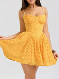Yellow Strap Jacquard Lace Mini Dress-Outfit