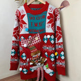Women's Knitted Diamond Snowflake Christmas Snowman Big Pocket O-Neck Warm Thick Sweater Loose Outer Wear