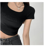 Toloer Letter Embroidered Slim Bottom Shirt Square Collar Low Breast Collarbone Short-Sleeve T-Shirt Midcrop High Waist