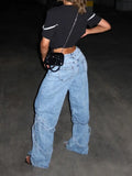 New Water Wash Strap Spliced Straight Jeans Woman | High Waist Thin Hot Babes