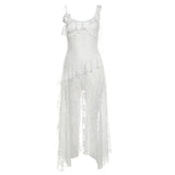 Toloer Summer New Women's French Lace Hollow Perspective Slit Slip Dress-Outfit
