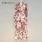 Casual Print Slim Temperament Dress Female V Neck Long Sleeve Fashion Vintage Dresses For Women Autumn Style