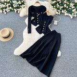 Fragrant Style Wears Women's Three-Piece Set Of Sleeveless Vest Metal Buckle Long-Sleeved Knitted