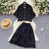 Court Style Lace Lace Hollow Hook Short Blouse High-Waisted Lace Spliced Skirt