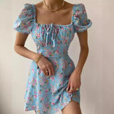 Women's Summer French Bubble Sleeves Crush Flower Dopamine Wear Dresses Women's Elegant Bubble Sleeve