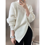 Women's Turtleneck Zipper Design Oversized Sweater Gray White Black High Neck Autumn Winter