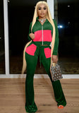 Winter Contrast Color Velour Zipper Top and Pants 2 Piece