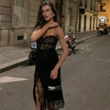 Sexy Little Sling Lace Spliced Split Dress Female Heart Pure Desire Wave Lead Fairy Skirt-Outfit