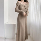 Hepburn Style Advanced Sexy Shoulder Black Long-Sleeved Knitted Dress Women's Autumn Temperament Slim Dress-Outfit